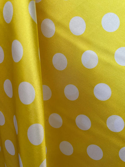 Shelby 0.75" WHITE Polka Dots on YELLOW Polyester Light Weight Satin Fabric by the Yard - 10070