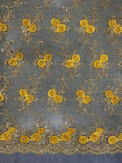 Ryleigh BRIGHT YELLOW 3D Floral Embroidery with Foil & Sequins on Mesh Lace Fabric by the Yard - 10010