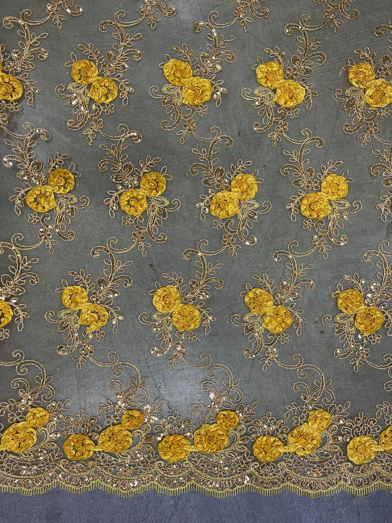 Ryleigh BRIGHT YELLOW 3D Floral Embroidery with Foil & Sequins on Mesh Lace Fabric by the Yard - 10010