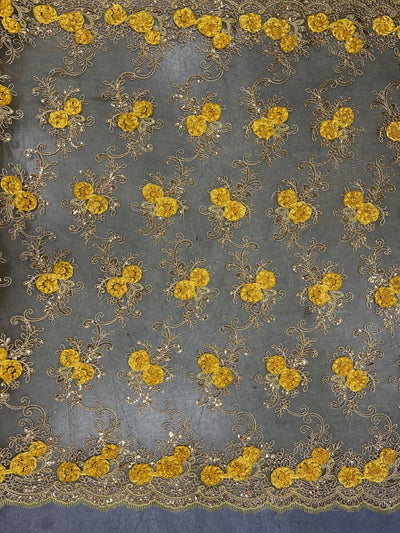 Ryleigh BRIGHT YELLOW 3D Floral Embroidery with Foil & Sequins on Mesh Lace Fabric by the Yard - 10010