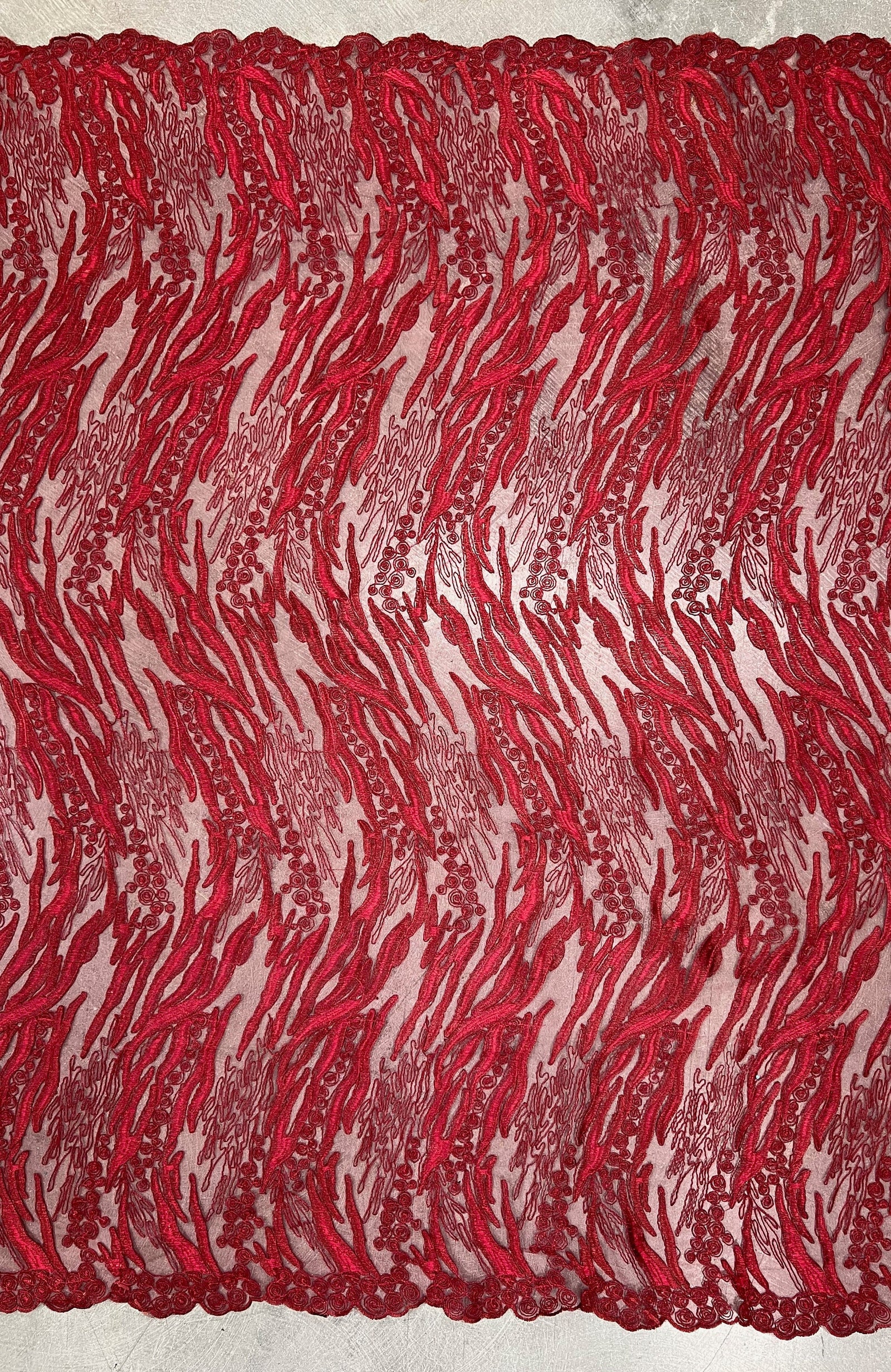 Katelyn BURGUNDY Vines and Swirls Corded Embroidery on Mesh Fabric by the Yard - 10045