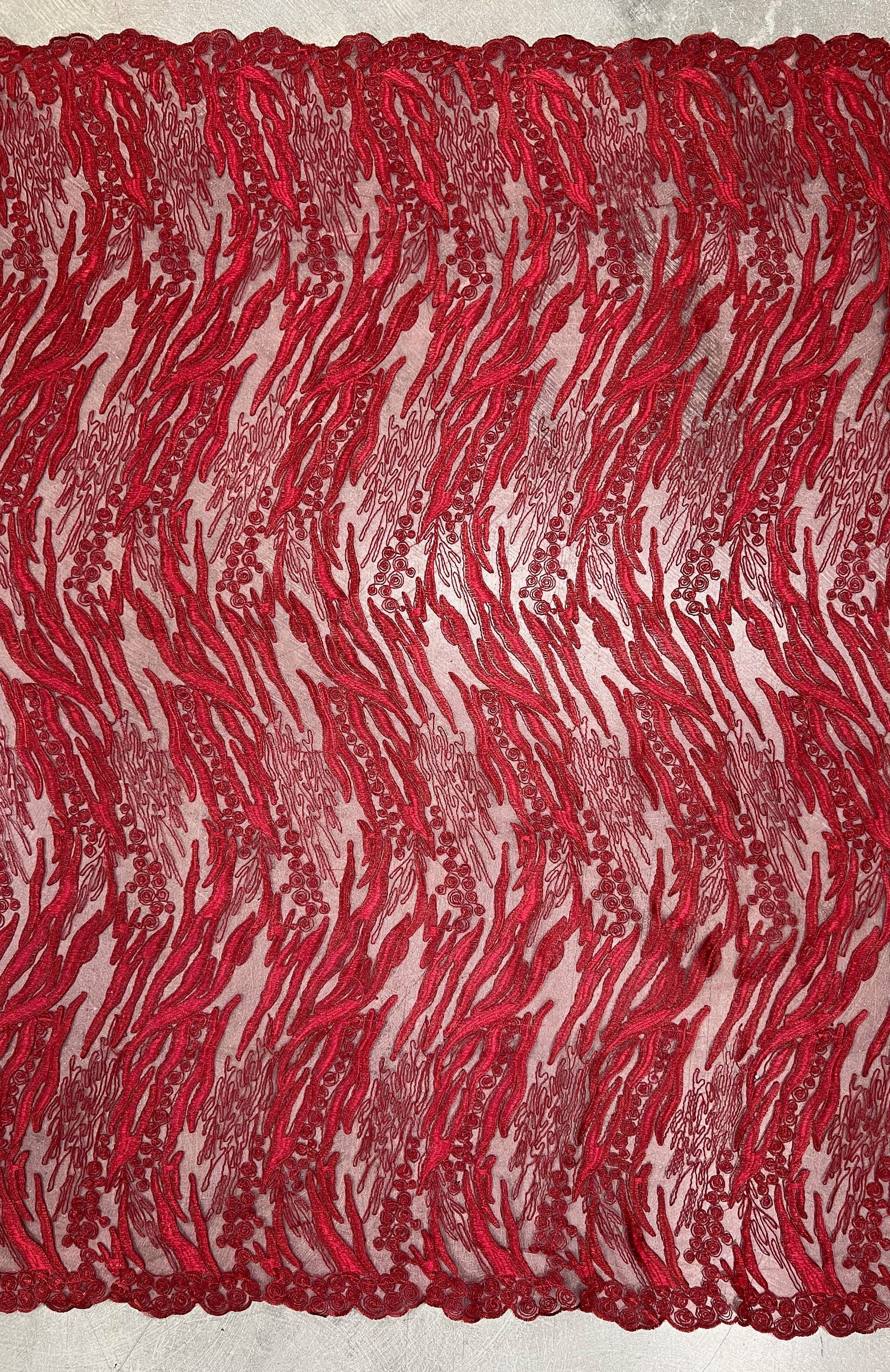 Katelyn BURGUNDY Vines and Swirls Corded Embroidery on Mesh Fabric by the Yard - 10045