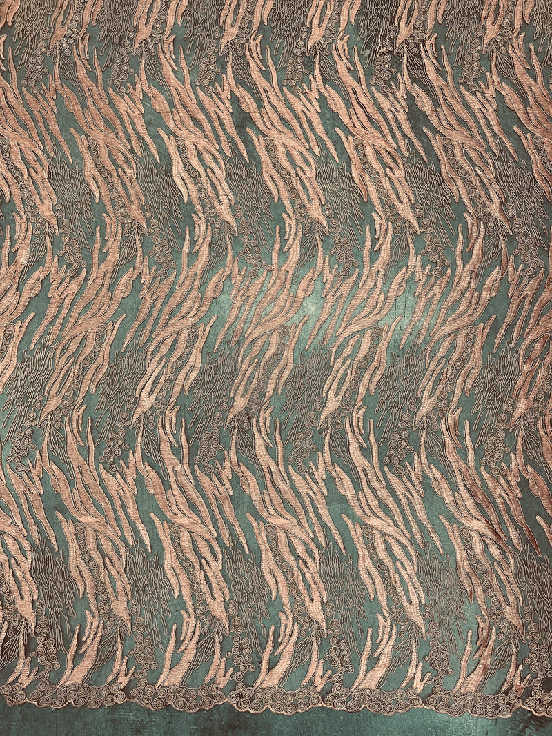 Katelyn PEACH Vines and Swirls Corded Embroidery on Mesh Fabric by the Yard - 10045