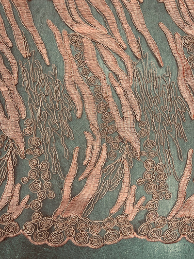 Katelyn PEACH Vines and Swirls Corded Embroidery on Mesh Fabric by the Yard - 10045