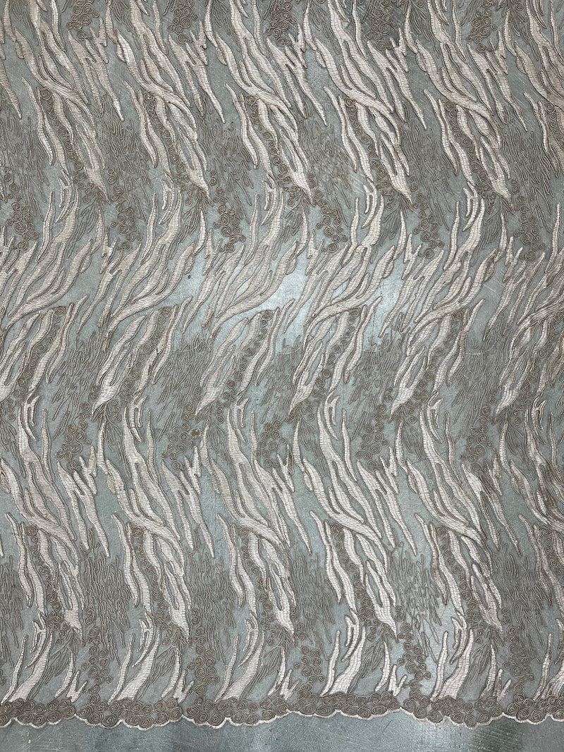 Katelyn TAUPE Vines and Swirls Corded Embroidery on Mesh Fabric by the Yard - 10045