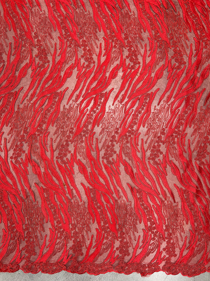 Katelyn RED Vines and Swirls Corded Embroidery on Mesh Fabric by the Yard - 10045