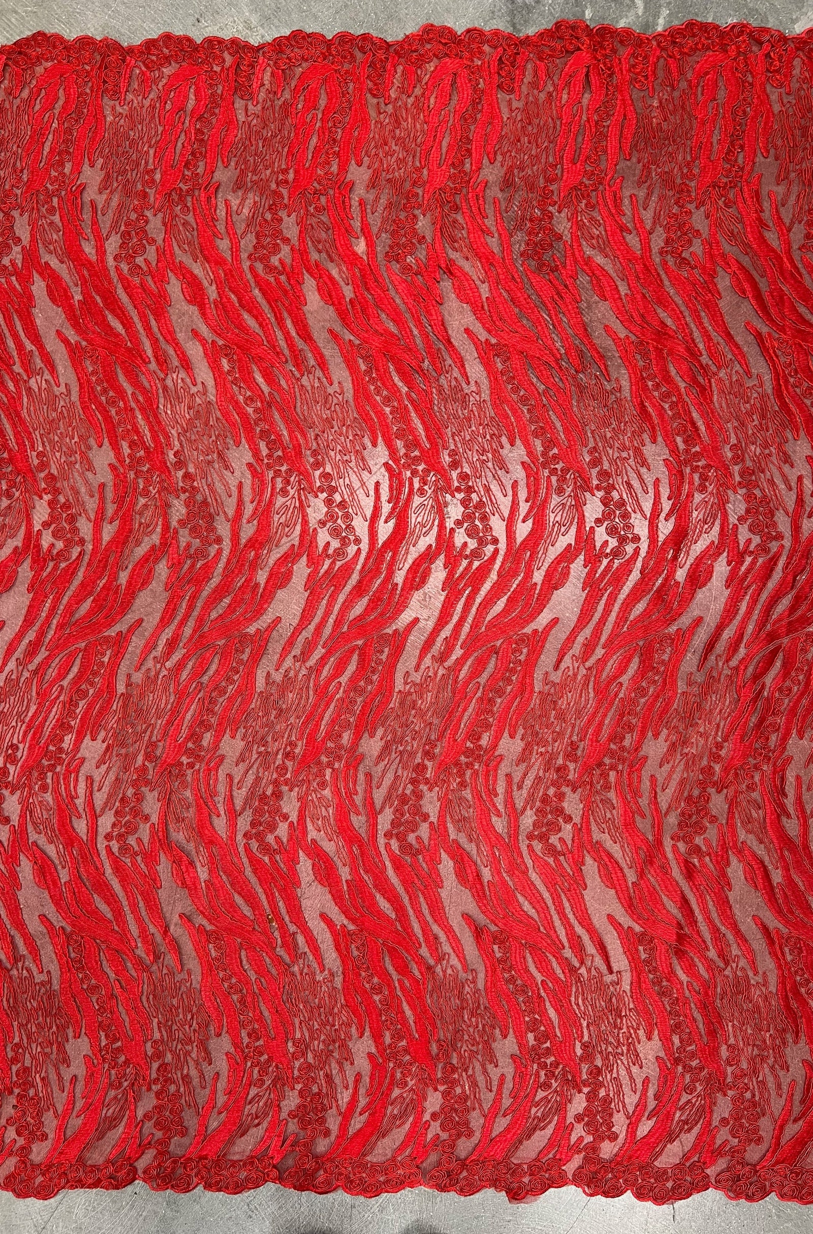 Katelyn RED Vines and Swirls Corded Embroidery on Mesh Fabric by the Yard - 10045
