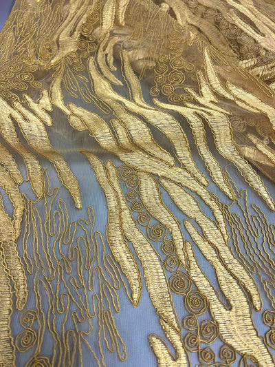 Katelyn GOLD Vines and Swirls Corded Embroidery on Mesh Fabric by the Yard - 10045