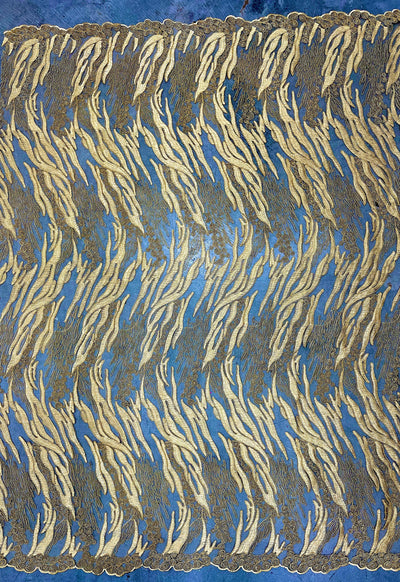 Katelyn GOLD Vines and Swirls Corded Embroidery on Mesh Fabric by the Yard - 10045
