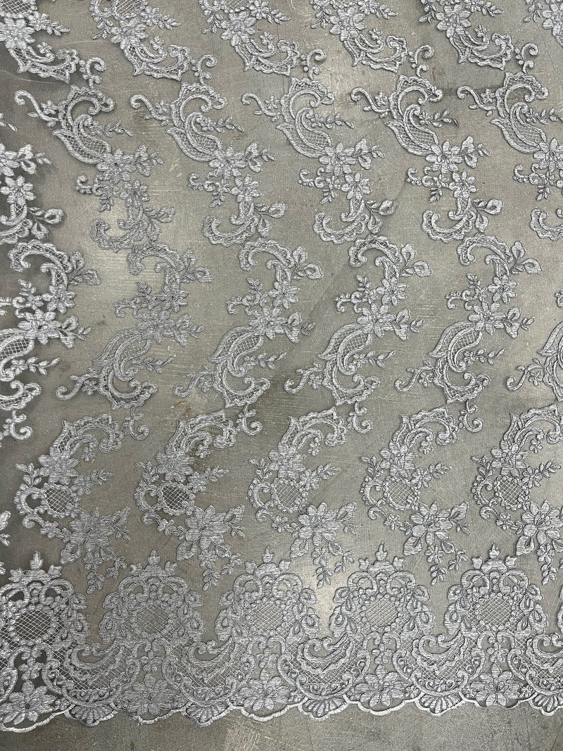 Elise GREY Polyester Corded Floral Embroidery on Mesh Lace Fabric by the Yard - 10029