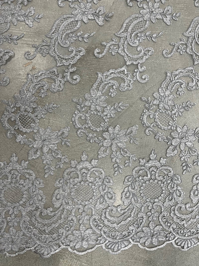 Elise GREY Polyester Corded Floral Embroidery on Mesh Lace Fabric by the Yard - 10029