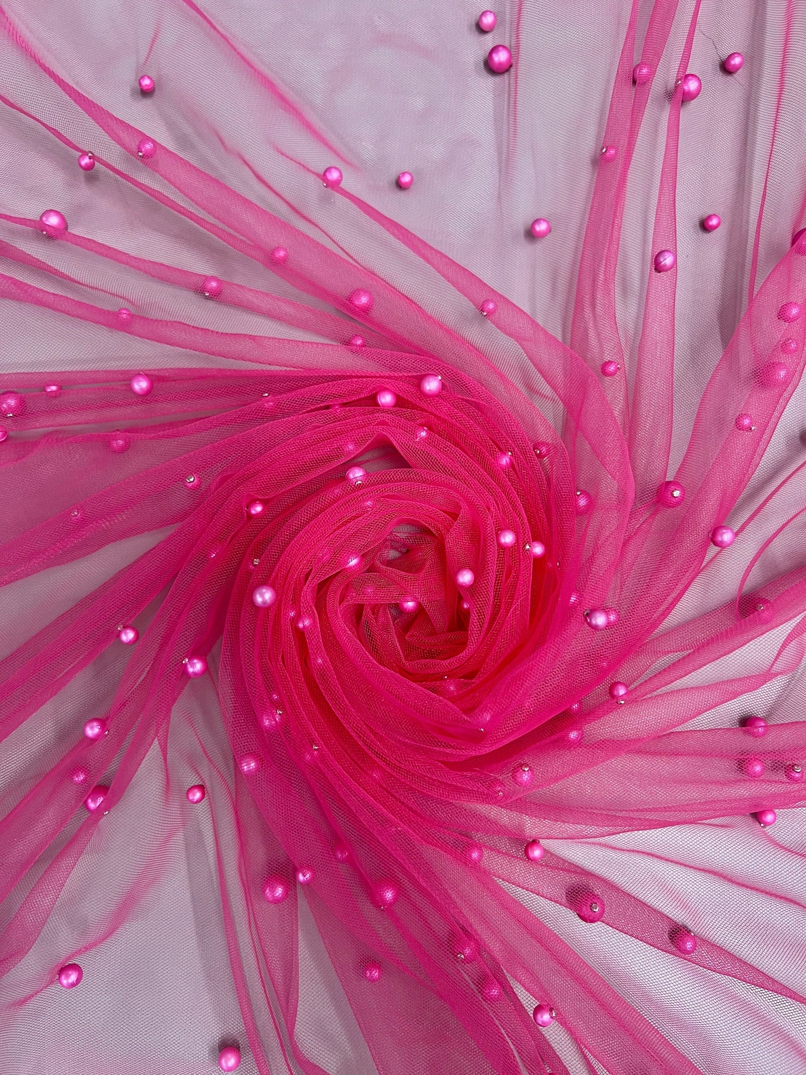 Queenie HOT PINK Faux Pearls on Soft Mesh Lace Fabric for Gowns, Evening Wear, Bridal Wear, Costumes, Crafts - 10199 NewFabricsDaily