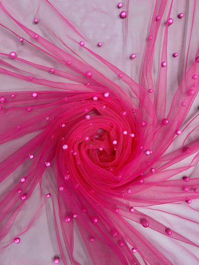 Queenie HOT PINK Faux Pearls on Soft Mesh Lace Fabric for Gowns, Evening Wear, Bridal Wear, Costumes, Crafts - 10199 NewFabricsDaily