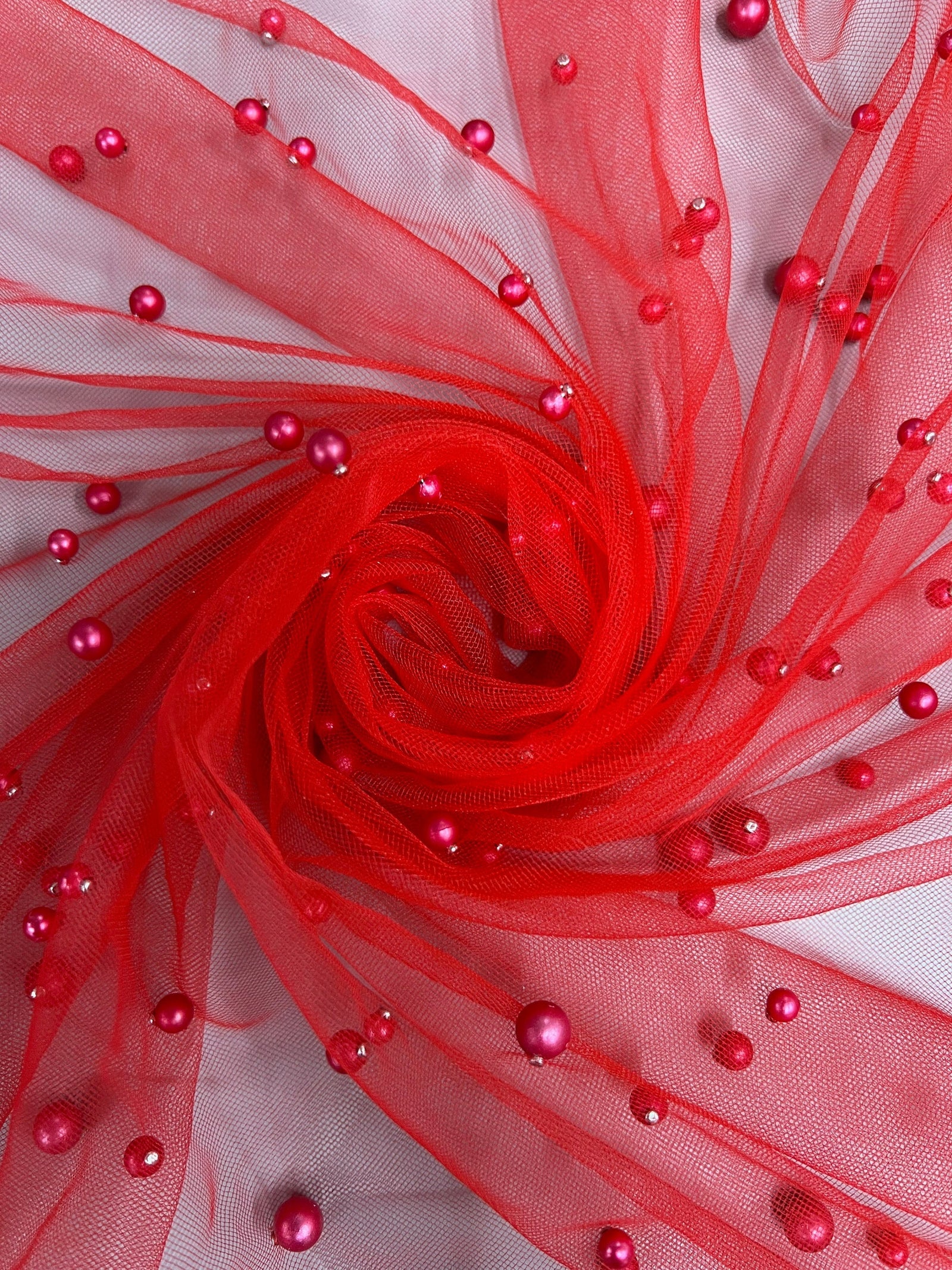 Queenie RED Faux Pearls on Soft Mesh Lace Fabric for Gowns, Evening Wear, Bridal Wear, Costumes, Crafts - 10199 NewFabricsDaily