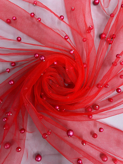 Queenie RED Faux Pearls on Soft Mesh Lace Fabric for Gowns, Evening Wear, Bridal Wear, Costumes, Crafts - 10199 NewFabricsDaily