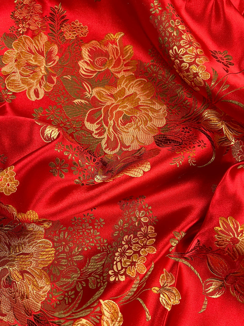Anais RED Floral Brocade Chinese Satin Fabric for Cheongsam/Qipao, Apparel, Costumes, Upholstery, Bags, Crafts - 10220