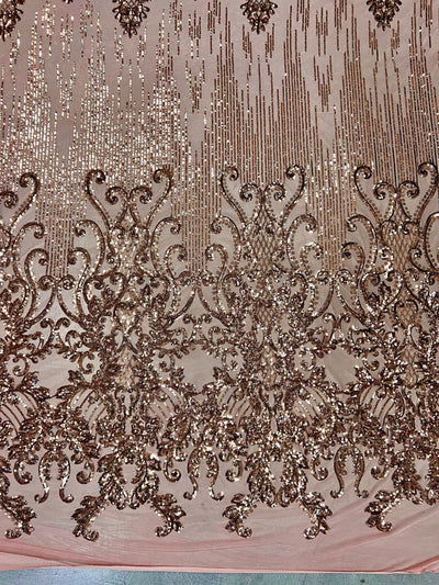 Angelica BRONZE Curlicues and Leaves Sequins on DUSTY ROSE Mesh Lace Fabric by the Yard - 10132