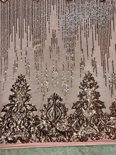 Angelica BRONZE Curlicues and Leaves Sequins on DUSTY ROSE Mesh Lace Fabric by the Yard - 10132