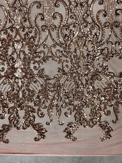 Angelica BRONZE Curlicues and Leaves Sequins on DUSTY ROSE Mesh Lace Fabric by the Yard - 10132