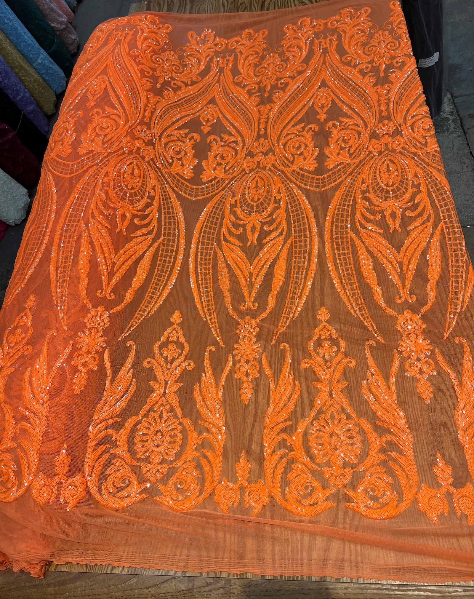 Alaina BRIGHT ORANGE Curlicue Sequins on Mesh Lace Fabric by the Yard - 10018