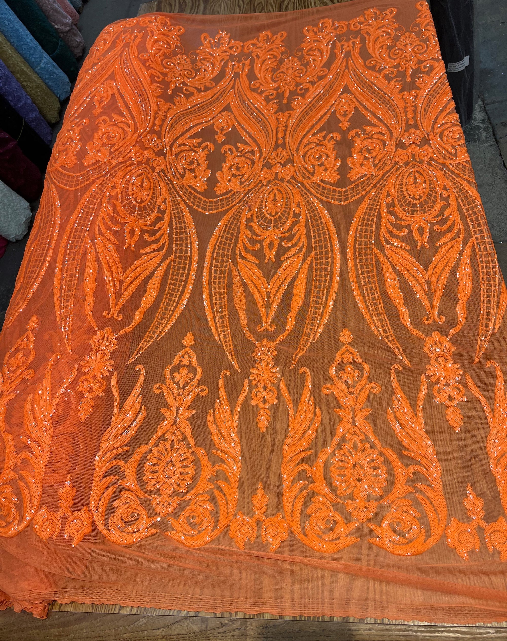 Alaina BRIGHT ORANGE Curlicue Sequins on Mesh Lace Fabric by the Yard - 10018