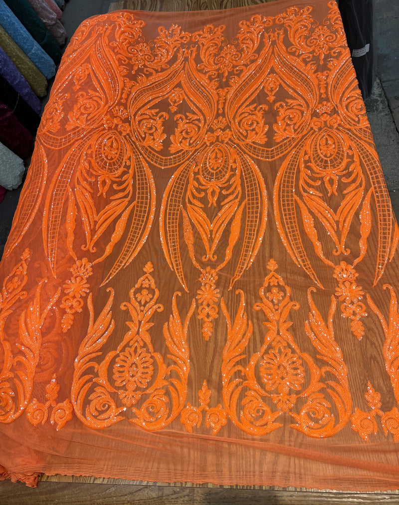 Alaina BRIGHT ORANGE Curlicue Sequins on Mesh Lace Fabric by the Yard - 10018