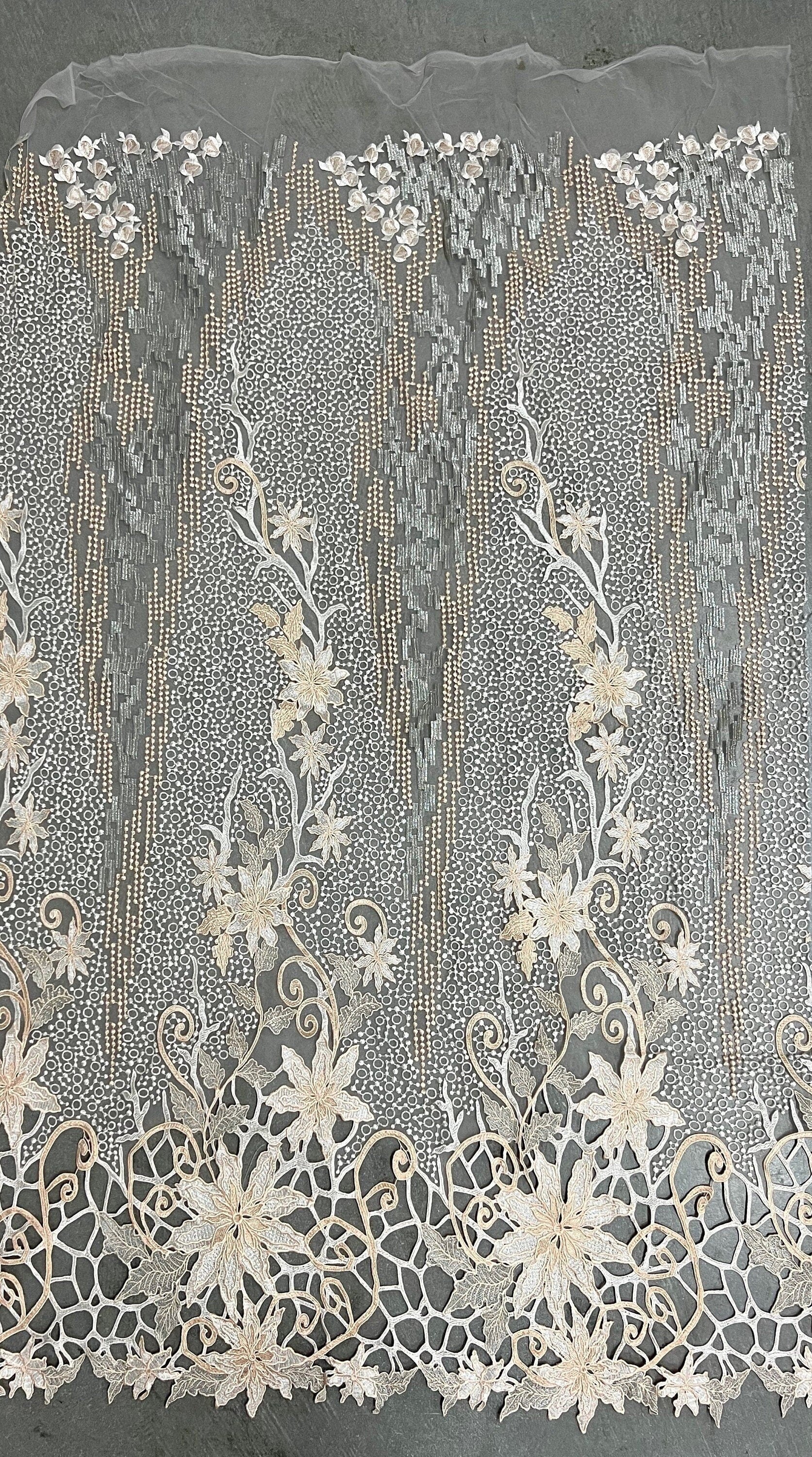 Skye PEACH Embroidered Floral Edge Guipure on Mesh Lace Fabric by the Yard - 10110