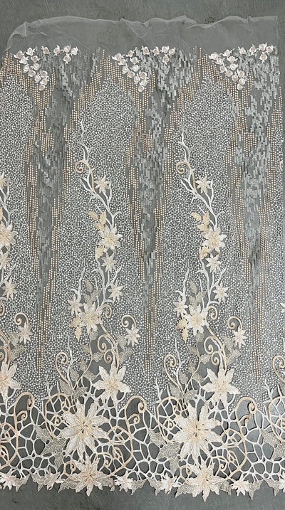 Skye PEACH Embroidered Floral Edge Guipure on Mesh Lace Fabric by the Yard - 10110