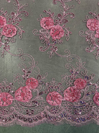 Ryleigh PINK 3D Floral Embroidery with Foil & Sequins on Mesh Lace Fabric by the Yard - 10010