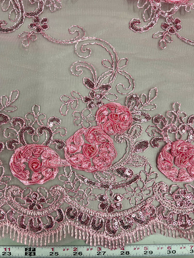 Ryleigh PINK 3D Floral Embroidery with Foil & Sequins on Mesh Lace Fabric by the Yard - 10010