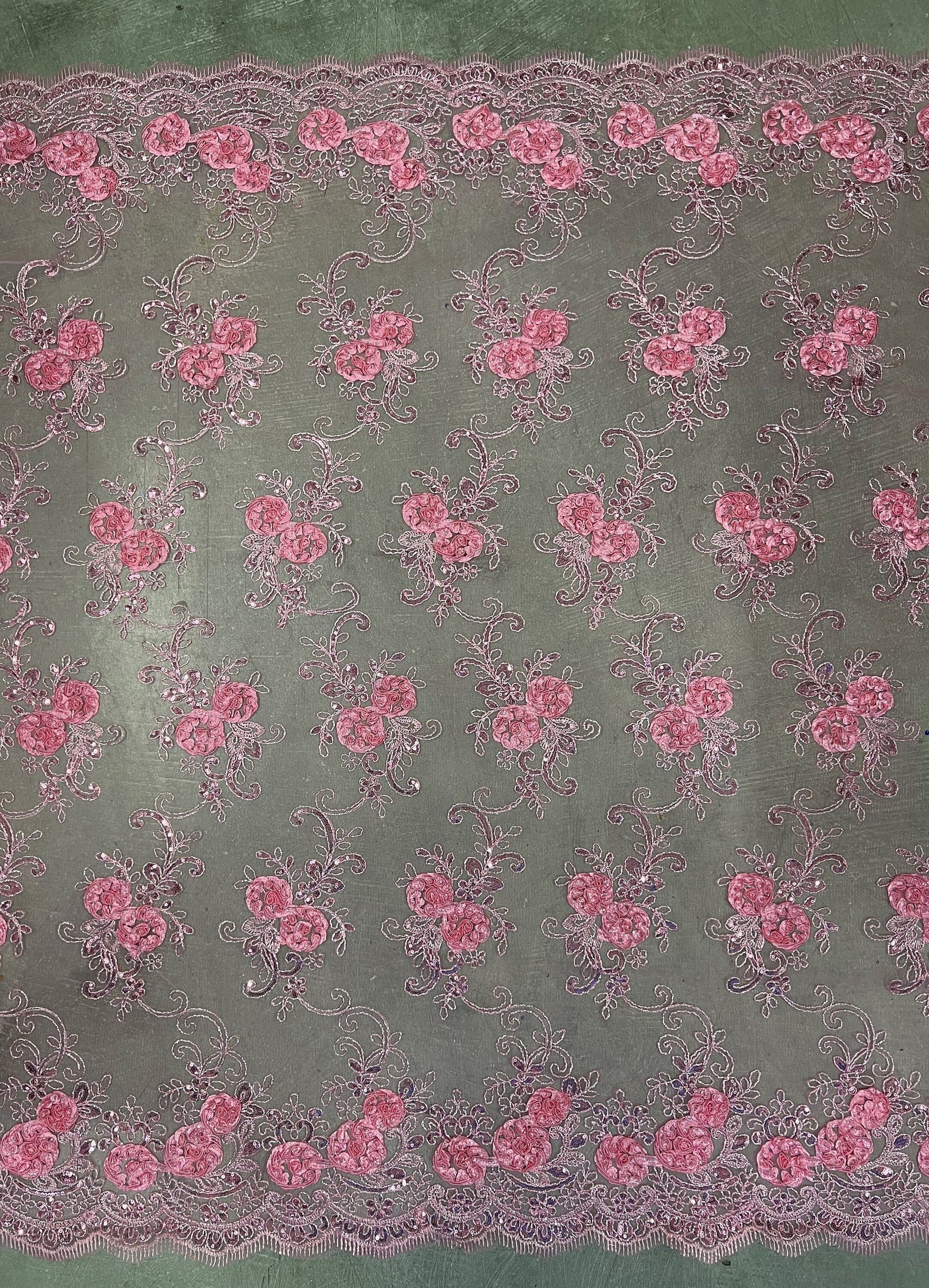 Ryleigh PINK 3D Floral Embroidery with Foil & Sequins on Mesh Lace Fabric by the Yard - 10010