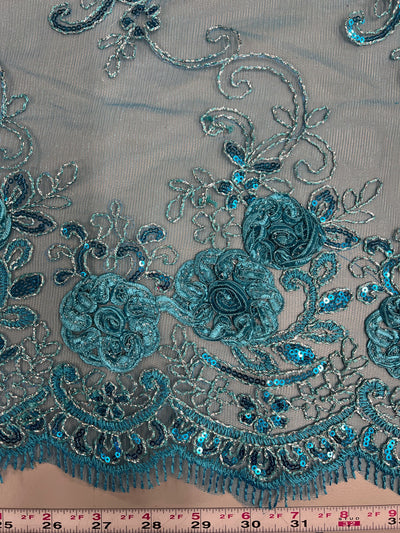 Ryleigh TURQUOISE 3D Floral Embroidery with Foil & Sequins on Mesh Lace Fabric by the Yard - 10010