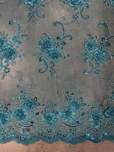 Ryleigh TURQUOISE 3D Floral Embroidery with Foil & Sequins on Mesh Lace Fabric by the Yard - 10010