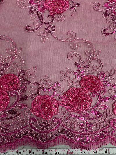 Ryleigh FUCHSIA 3D Floral Embroidery with Foil & Sequins on Mesh Lace Fabric by the Yard - 10010