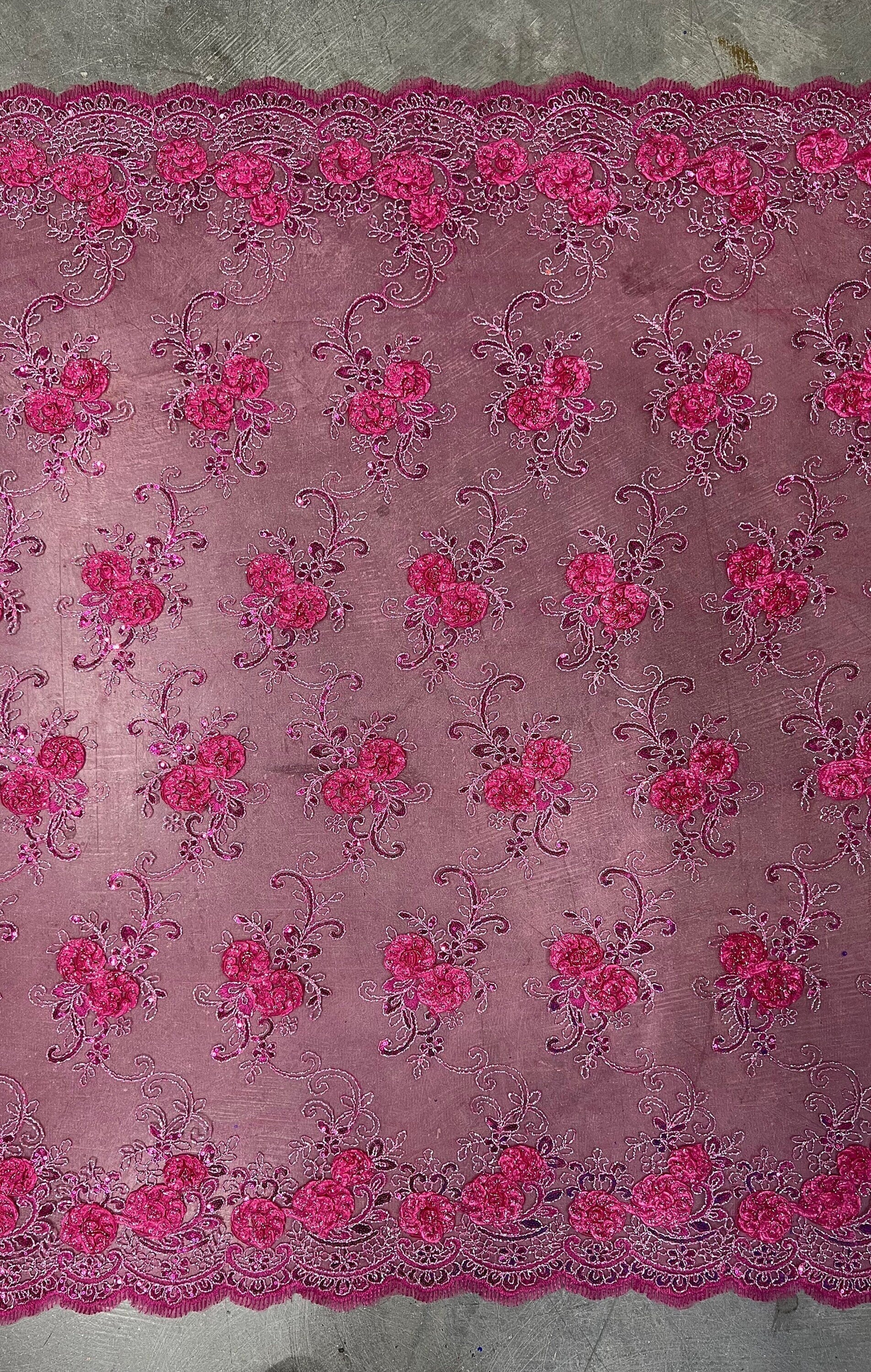 Ryleigh FUCHSIA 3D Floral Embroidery with Foil & Sequins on Mesh Lace Fabric by the Yard - 10010