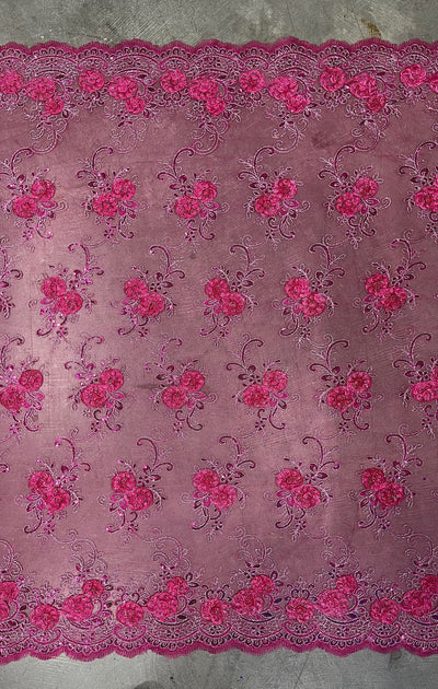 Ryleigh FUCHSIA 3D Floral Embroidery with Foil & Sequins on Mesh Lace Fabric by the Yard - 10010