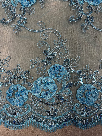 Ryleigh BLUE 3D Floral Embroidery with Foil & Sequins on Mesh Lace Fabric by the Yard - 10010
