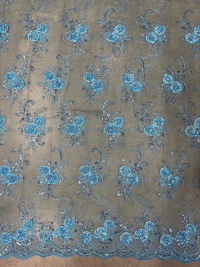 Ryleigh BLUE 3D Floral Embroidery with Foil & Sequins on Mesh Lace Fabric by the Yard - 10010