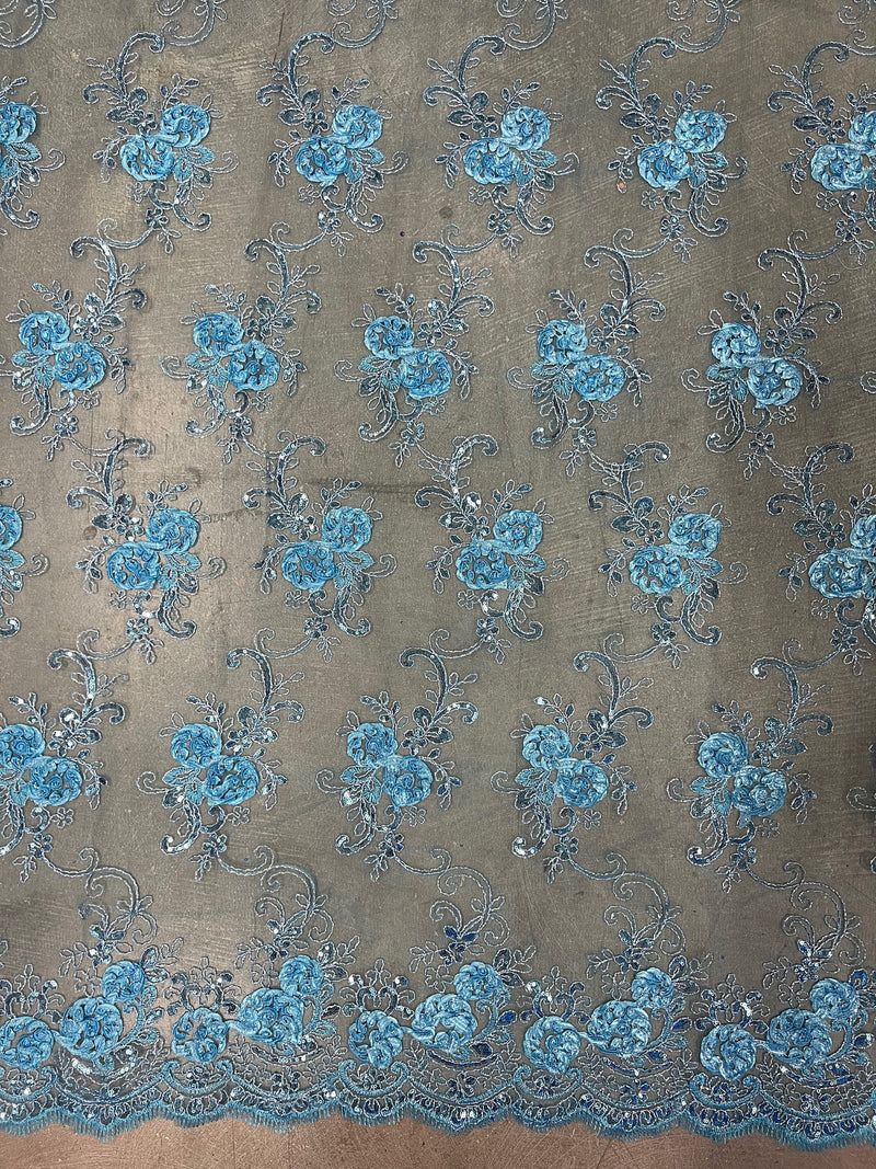 Ryleigh BLUE 3D Floral Embroidery with Foil & Sequins on Mesh Lace Fabric by the Yard - 10010
