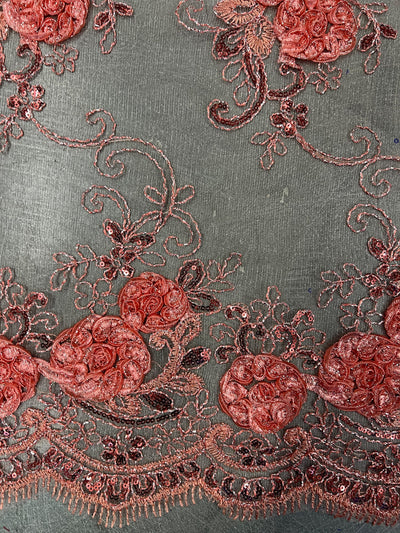 Ryleigh DARK CORAL 3D Floral Embroidery with Foil & Sequins on Mesh Lace Fabric by the Yard - 10010
