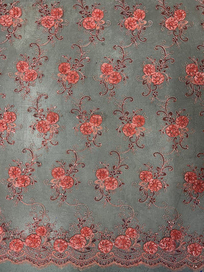 Ryleigh DARK CORAL 3D Floral Embroidery with Foil & Sequins on Mesh Lace Fabric by the Yard - 10010