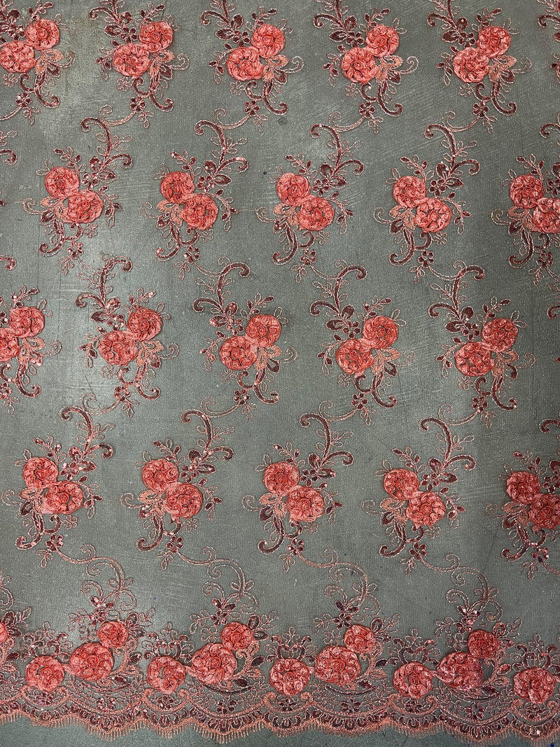 Ryleigh DARK CORAL 3D Floral Embroidery with Foil & Sequins on Mesh Lace Fabric by the Yard - 10010