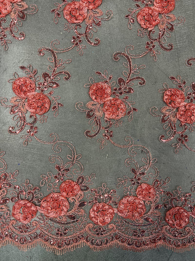Ryleigh DARK CORAL 3D Floral Embroidery with Foil & Sequins on Mesh Lace Fabric by the Yard - 10010