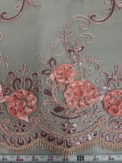 Ryleigh CORAL 3D Floral Embroidery with Foil & Sequins on Mesh Lace Fabric by the Yard - 10010