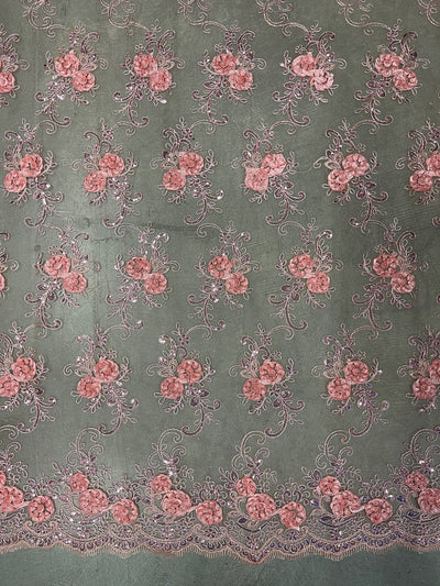 Ryleigh CORAL 3D Floral Embroidery with Foil & Sequins on Mesh Lace Fabric by the Yard - 10010