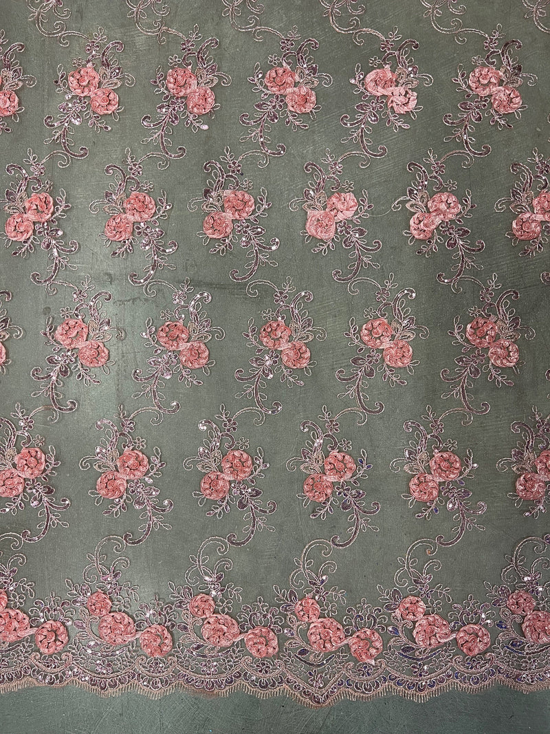Ryleigh CORAL 3D Floral Embroidery with Foil & Sequins on Mesh Lace Fabric by the Yard - 10010