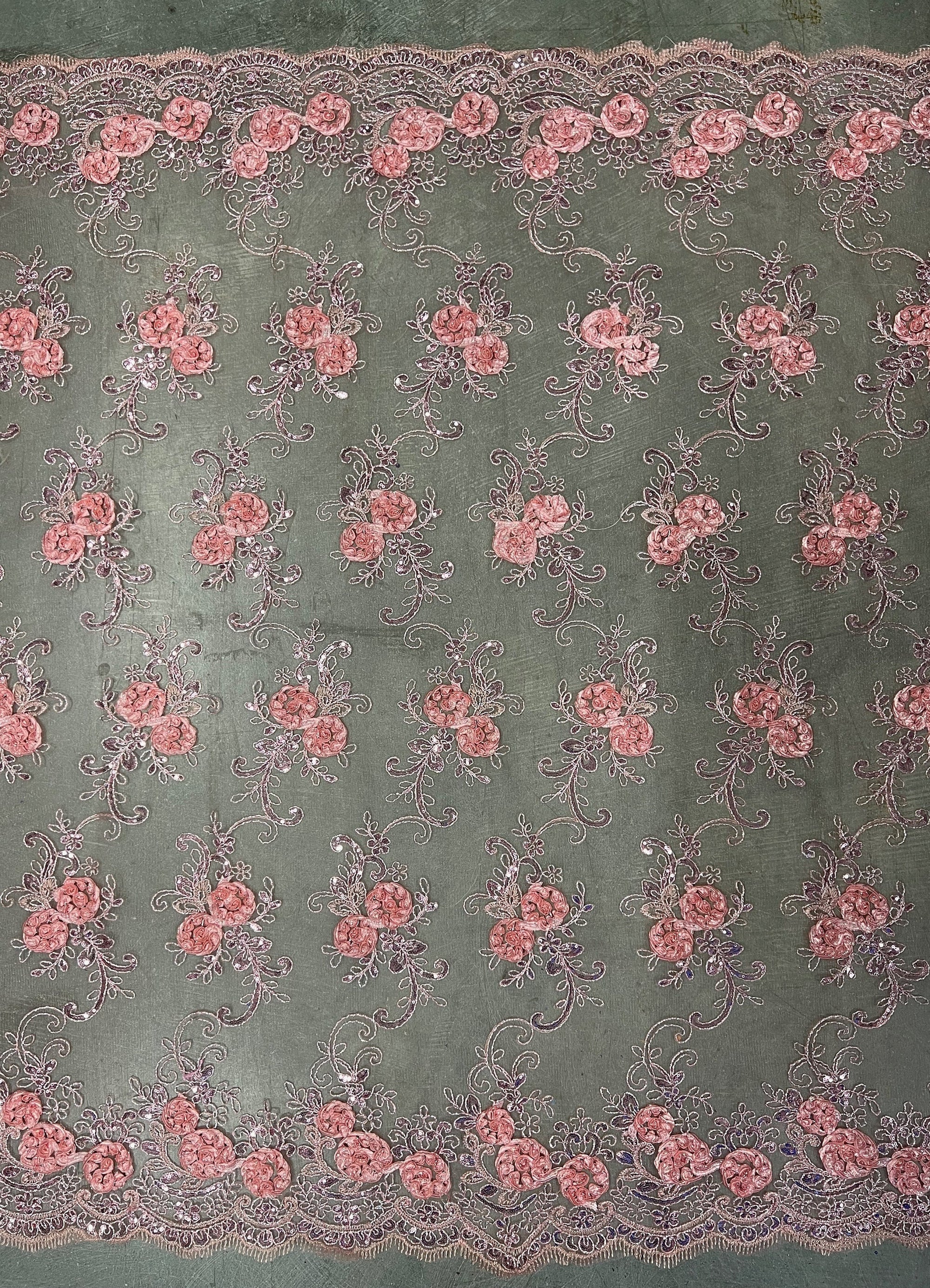 Ryleigh CORAL 3D Floral Embroidery with Foil & Sequins on Mesh Lace Fabric by the Yard - 10010