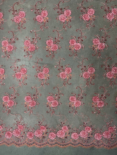 Ryleigh DUSTY PINK 3D Floral Embroidery with Foil & Sequins on CORAL Mesh Lace Fabric by the Yard - 10010