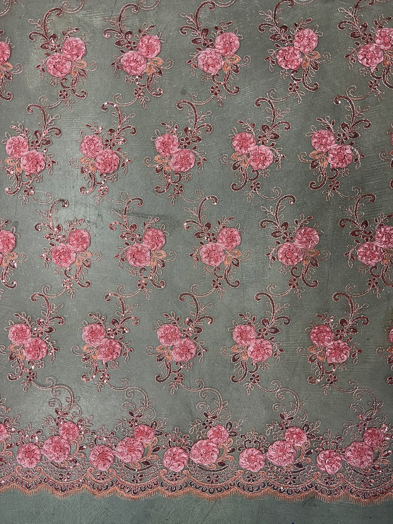 Ryleigh DUSTY PINK 3D Floral Embroidery with Foil & Sequins on CORAL Mesh Lace Fabric by the Yard - 10010