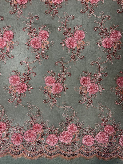 Ryleigh DUSTY PINK 3D Floral Embroidery with Foil & Sequins on CORAL Mesh Lace Fabric by the Yard - 10010